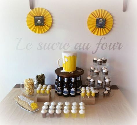 Dessert table I made for my boyfriends birthday (my first dessert table)...Hes a fan of beer...3D beer buck cake (chocolate and stout), cake pops also in the shape of beer bucks, smore cupcakes, lemon jello and chocolate pouding topped with whipped cream, white beer cookies, black and yellow chocolate pretzels and popcorn (didnt have time to make some caramel popcorn, so we had regular instead). Buck Cake, Beer Dessert, Beer Party Theme, Cupcakes Lemon, Beer Cookies, Beer Birthday Party, Boyfriend's Birthday, Beer Tasting Parties, Beer Bread Recipe