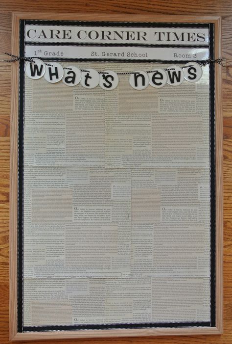 What's News? - "newspaper" bulletin board - small framed cork board with newspaper heading and newsprint background (scrap booking paper) for class info, current events, pics or any "news". Newspaper Ideas School, Marquee Bulletin Board Ideas, Plc Bulletin Board, Newspaper Classroom Theme, Journalism Bulletin Board Ideas, Newspaper Display Ideas, Classroom News Bulletin Board, Current Events Bulletin Board Ideas, Newspaper Bulletin Board Ideas