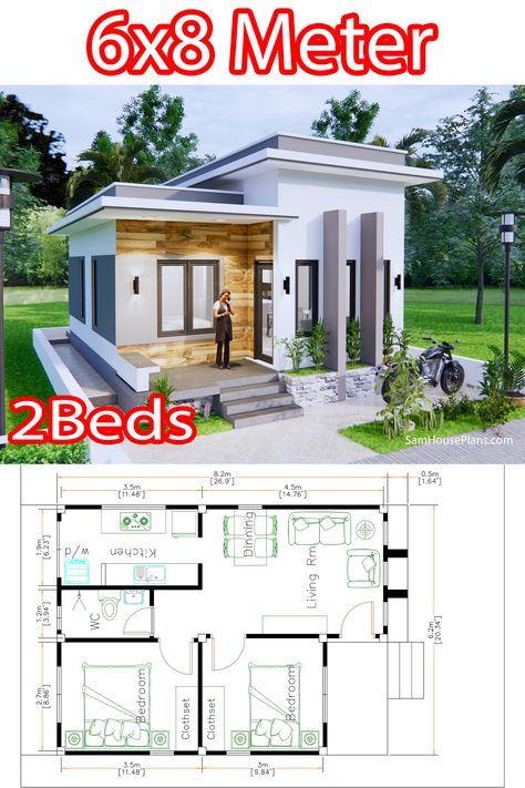 2 Beds House Plans, 6 X 8 House Plan, Very Small House Plans, Two Bed House Plans, Small House With High Ceiling, Small House 2 Bedroom Plans, Two Bed Rooms House Plans, Small House Design 2 Bedroom, Floor Plans For Small House