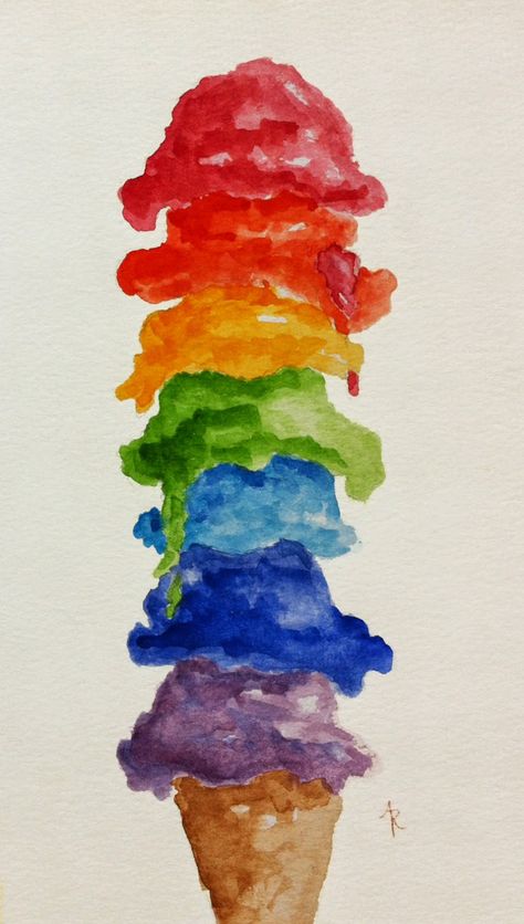 Watercolor Ice Cream Cone, Watercolour Painting Ideas Easy, Watercolor Art Ideas Easy, Rainbow Watercolor Painting, Rainbow Artwork, Ice Cream Painting, Color Wheel Art, Rainbow Drawing, Rainbow Ice Cream