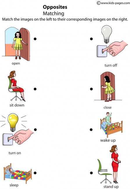 Kids Pages - Opposites Matching 1 Parenting Worksheets, Opposites Preschool, Opposites Worksheet, Worksheet Preschool, Turn It Off, Learning English For Kids, Printable Preschool Worksheets, Kindergarten Worksheets Printable, English Worksheets For Kids