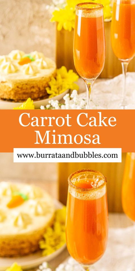 Everyone’s favorite brunch cocktail and springtime cake come together to make this carrot cake mimosa! Carrot juice and pineapple are mixed with brown sugar and the right touch of spice and vanilla to put a dessert-inspired twist on a mimosa. Whether you’re kicking back on Easter, Mother’s Day or a casual Sunday brunch, this carrot cake mimosa adds a fun and bubbly touch to the occasion. Fancy Mimosas, Best Peach Sangria Recipe, Fancy Cocktails Recipes, Farmhouse Food, Bubble Recipe, Festive Appetizers, Touch Of Spice, Mimosa Recipe, Breakfast Burger