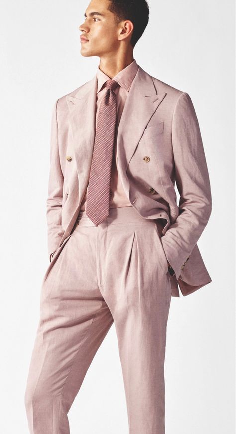 Spring 2023 Lookbook, Pink Suit Men, Rosé Suit, Softboy Outfits, Linen Suits For Men, Green Wedding Suit, 2023 Lookbook, Pink Green Wedding, Suits And Sneakers