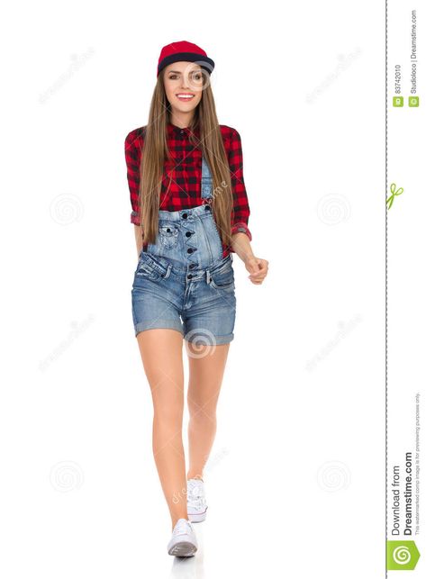 Casual Woman Walking Towards Camera. Photo about full, isolated, woman, towards, cutout, caucasian, walking, casual, female, studio, lumberjack, looking, front, people - 83742010 Walking Towards Camera, Female Croquis, Camping Girl, Walking Poses, Walking Women, Action Pose Reference, Girl Walking, Photo Woman, Dungarees Shorts