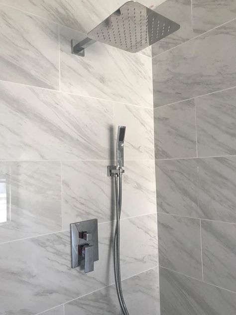 Shower With Rainhead And Handheld, Large Shower Heads Rainfall, Hand Shower Design, Kohler Rain Shower System, Rainhead Shower Head, Shower Head System, Multiple Shower Heads Walk In, Rain Shower With Handheld, Master Shower Head Ideas