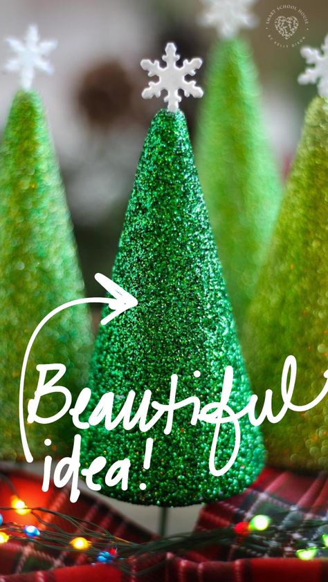 Decorate your home for Christmas with sparkly trees! Smart School House created these gorgeous styrofoam Christmas trees that will sparkle beautifully in your home! They're simple and fun to make, and they look absolutely stunning. Try them on your mantle or in a holiday tablescape for DIY decor that looks so good! Kids, teens, and adults will all love crafting these gorgeous Christmas trees, so get cozy and get crafting! #hoilday #Christmas #Christmastree #tablescape #DIYdecor #glitter #crafts Styrofoam Christmas Trees, Jello Candy, Watermelon Hacks, Cowboy Cornbread, Smart School House, Decorating Hacks, Christmas Tree Craft, School Breakfast, Smart School