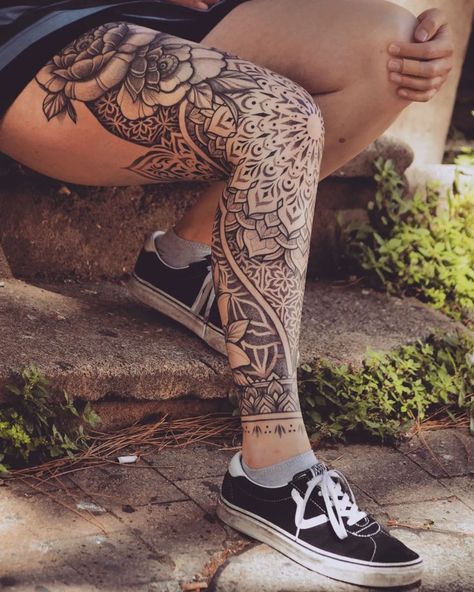 Mandala Thigh Sleeve, Start Of Leg Sleeve Women, Hippy Tattoo Sleeve, Tattoo Ideas Female Leg Sleeve Mandala, Fine Line Full Leg Tattoo, Mandela Leg Sleeve, Shin Tattoos For Women Mandala, Lower Leg Sleeve Tattoos Female, Womens Shin Tattoo