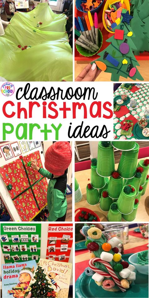 Christmas classroom party ideas - quick, easy, and dollar store finds! for preschool, pre-k, or lower elementary. #christmasparty #preschool #prek #kindergarten #schoolparty Classroom Christmas Party Ideas, Kindergarten Christmas Party, Preschool Christmas Party, Classroom Holiday Party, Classroom Christmas Party, Christmas Party Ideas For Teens, School Holiday Party, Christmas Party Activities, Christmas Party Crafts