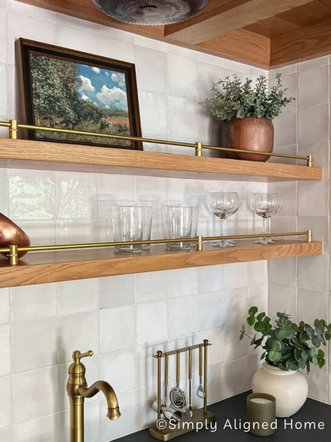 DIY PROJECTS Archives - Simply Aligned Home Brass Shelf Rail, Shelves Interior Design, Bar With Floating Shelves, Kitchen Floating Shelf, Floating Bar Shelves, Kitchen Open Shelf, Wet Bar Ideas, Shelf Rail, Floating Shelf Ideas