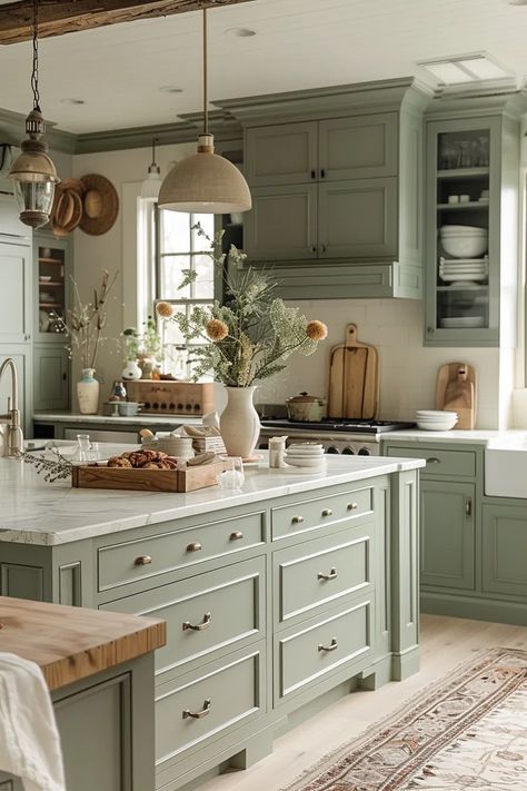 50+ Serene Kitchens with Sage Green Cabinets Light Kitchen Inspiration, New Vintage Kitchen, Sage Green Country Kitchen, Cottage Kitchen Color Schemes, Sage Green And Gold Kitchen, Cottage Kitchen Colors, Green And Tan Kitchen, Kitchen Colour Schemes Modern, Cottage Kitchen Green