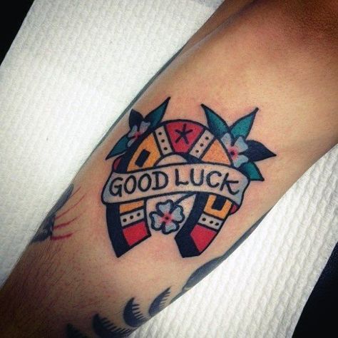 Good Luck Guys Horseshoe Traditional Old School Arm Tattoos Luck Tattoos, Good Luck Tattoo, Luck Tattoo, Tattoo Traditional, American Tattoos, Arrow Tattoos, School Tattoo, Symbolic Tattoos, Trendy Tattoos