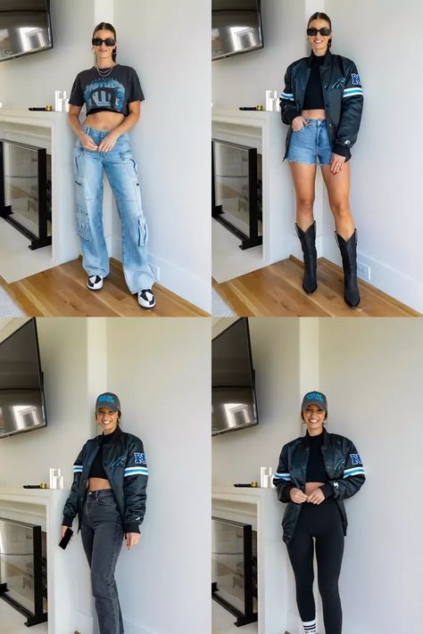 Football Game Outfit Inspiration, Clippers Game Outfit Women, Panthers Football Game Outfit, Cargo Pants Game Day Outfit, Rockets Game Outfit Women, Super Bowl Watch Party Outfit, Watching A Game Outfit, Rams Game Day Outfit, Womens Basketball Game Outfit