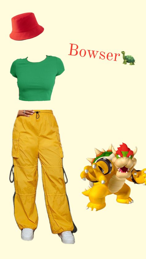 #bowser Women Bowser Costume, Nintendo Outfit Ideas, Easy Bowser Costume, Mario Characters Costumes Women, Mario Bros Characters Costumes, Bowser Outfit Ideas, Luigi Inspired Outfit, Donkey Kong Costume Women, Bowser Inspired Outfit