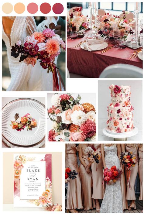 Peach, Cream and Burgundy Wedding Color Palette - One2inspire Designs May Wedding Color Pallet, Peach Burgundy Wedding Color Schemes, October Wedding Pink Color Palettes, Ivory Color Palette Wedding, Burgundy Coral Wedding, Burgundy Pink And Orange Wedding, September Wedding Pink, Peach Pink Burgundy Wedding, Fall Wedding Color Palette Pink