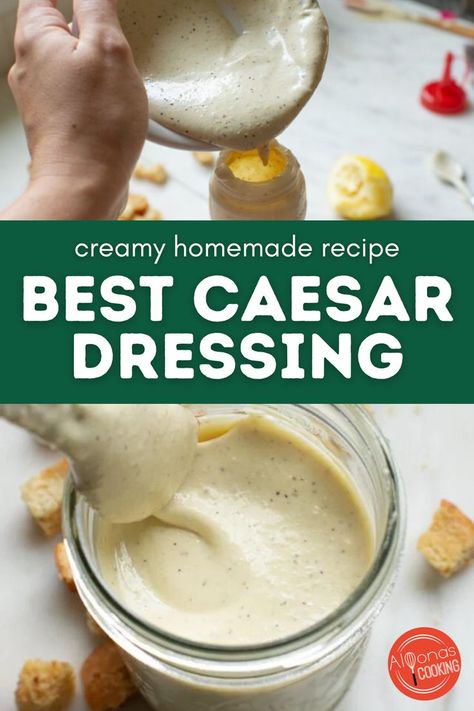 This creamy Caesar Dressing is perfect over Caesar salad! Homemade Caesar salad dressing is bold, rich, and tangy! This dressing recipe has no anchovies added and is so easy to make with homemade mayonnaise! Use it on salads, wraps, Chicken Bake, or baked fish! This tastes like the traditional bottled dressings from the store only better! Click to try this easy recipe for your next party, birthday, or lunch! Caesar Dressing Recipe No Anchovies, Creamy Caesar Dressing Recipe, Salad Dressing Homemade, Best Caesar Salad Dressing, Caesar Dressing Homemade, Easy Caesar Salad Dressing, Best Caesar Dressing, Best Caesar Salad, Wraps Chicken