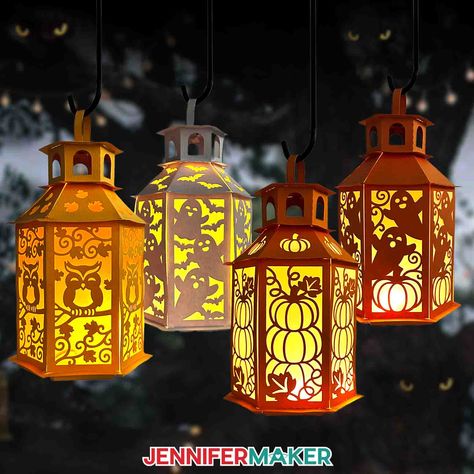 Create a 3D Hanging Fall Paper Lantern for Halloween with JenniferMaker's tutorial! Making Lanterns, Paper Halloween Lanterns, Paper Lanterns Cricut Free, Halloween Lanterns Paper, Halloween Paper Lantern Cricut, Free Lantern Svg, Pumpkin Lantern Svg Free, Holiday Place Cards, Craft Organization Diy