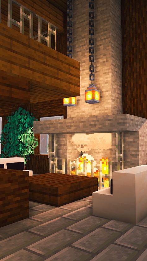 Winter Cabin Mansion, Winter Cabin Minecraft, Minecraft Winter Cabin, Minecraft Fireplace Ideas, Fireplace Minecraft, Minecraft Fireplace, Big Minecraft Houses, Minecraft Cabin, Cabin Build