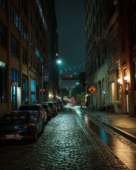 Cobblestone street at night in Dumbo, Brooklyn, New York City Brooklyn Street, Cobblestone Street, Street At Night, Dumbo Brooklyn, After The Rain, Posters Framed, Sports Car Racing, Car Racing, Brooklyn New York