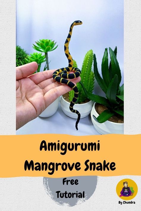 Amigurumi Snake Pattern. This tutorial is made by me, Chundra. You can check it out at my Youtube channel in this pin's link. Mangrove Snake, Crochet Snake Pattern, Amigurumi Snake, Snake Crochet, Crochet Snake, Crochet Christmas Gifts, Crocheting Patterns, Cute Sewing Projects, Crochet Dinosaur