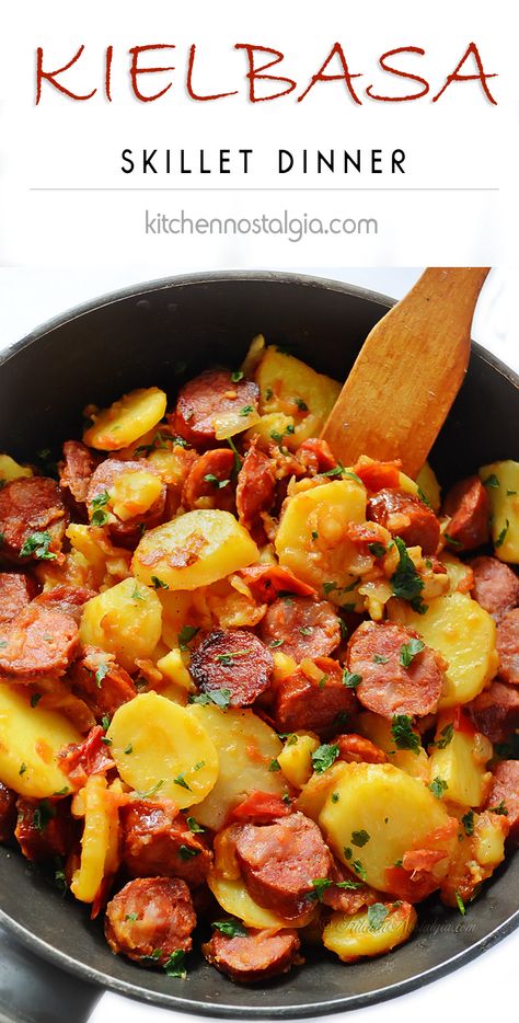 Dinner Recipes Kelbasa, Kielbasa And Potatoes Skillet, Potato Skillet Dinner, Kielbasa Skillet, Kielbasa And Potatoes, Potatoes Skillet, Kitchen Nostalgia, Smoked Sausage Recipes, Skillet Dinner Recipes