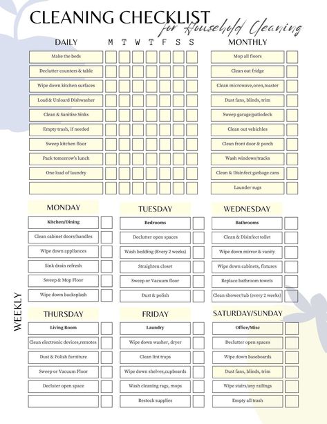 Get your home clean and organized with this easy-to-use cleaning checklist and schedule template! This printable planner includes everything you need to keep your home clean and tidy, from daily tasks to weekly deep cleans. It's perfect for people with ADHD or anyone who struggles to stay on top of their cleaning.

Download your copy today and start your journey to a clean and organized Printable Daily Cleaning Schedule, Adult Cleaning Schedule, Weekly Cleaning Schedule Template, Cleaning List Template, House Cleaning Template, Cleaning Template Printable, Weekly Cleaning Schedule Printable Editable Free, Printable Cleaning Schedule Free, Daily Cleaning Schedule Printable Free