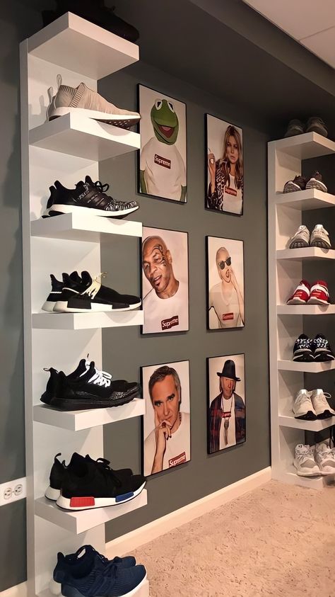 Shoe Head Room, Shoe Collection Aesthetic Room, Shoe Wall In Bedroom Aesthetic, Sneaker Head Room Ideas Girl, Sneaker Head Room Ideas Aesthetic, Sneaker Room Decor, Sneaker Themed Bedroom, Sneaker Head Room Ideas Boy, Shoe Wall In Bedroom