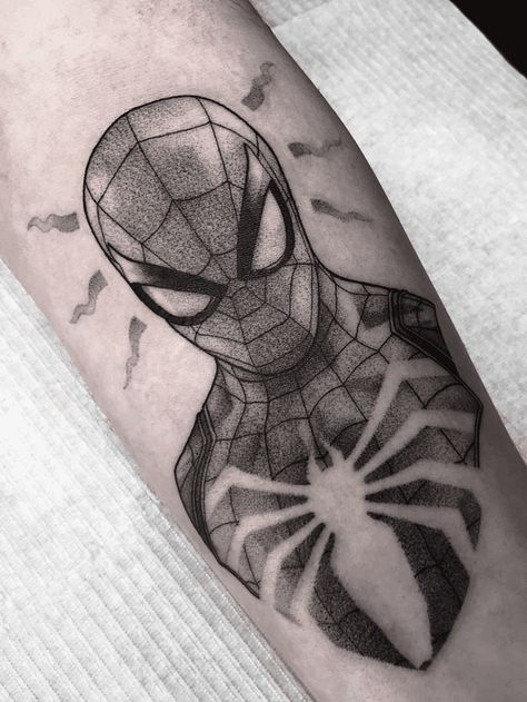 Spider Man Tattoos, Spiderman Tattoo Design, Dory Tattoo, Minion Tattoo, Stippling Tattoo, Spiderman Tattoo, Lion King Tattoo, Pumpkin Tattoo, Man Tattoo