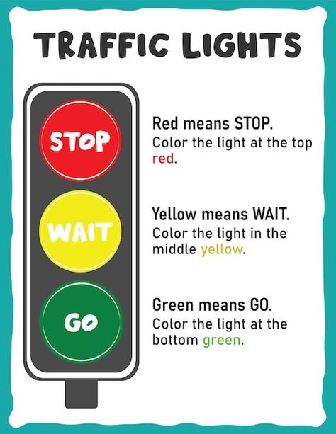 Traffic light green yellow red lights | Premium Vector #Freepik #vector #traffic-sign #traffic-lights #traffic-lights-vector #red-yellow-green Road Traffic Signs For Kids, Traffic Signs And Meanings, Traffic Light Pictures, Traffic Light Craft, Nursery 2024, Traffic Light Sign, All Traffic Signs, Light Meaning, Street Safety