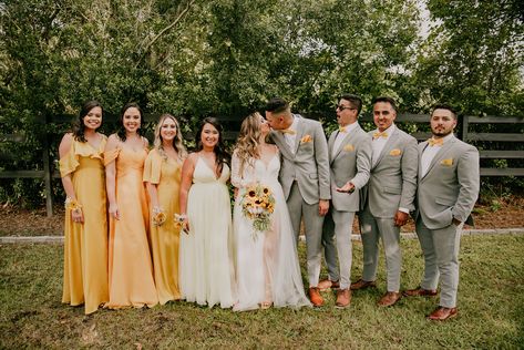 Yellow Wedding Party Attire, Sunflower Wedding Bridesmaid Dresses Yellow, Sunshine Yellow Bridesmaid Dresses, Yellow Wedding Theme Groomsmen, Popular Bridesmaid Dresses Colors, Fall Sunflower Wedding Theme Bridesmaid Dresses, Canary Yellow Wedding Color Schemes, Yellow Spring Wedding Theme, Bridesmaid Dresses Sunflower Theme