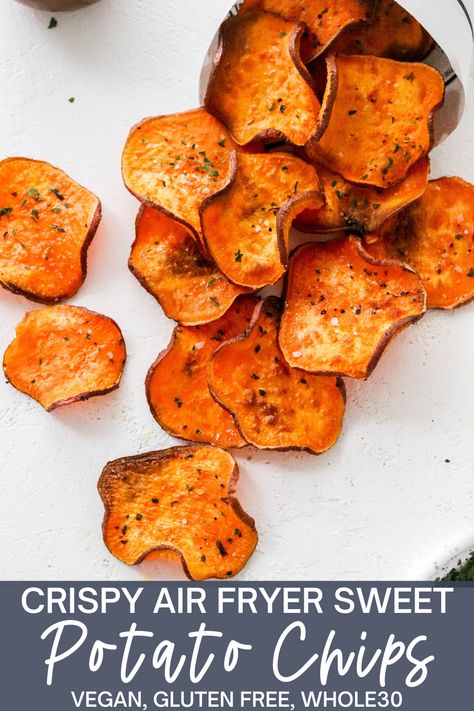 These Air Fryer Sweet Potato Chips give you everything you want in a salty, crunchy snack without any guilt. Hassle free and incredibly easy to make in minutes with only 3 ingredients. Vegan, gluten free, kid-friendly and Whole30. Best Air Fryer Sweet Potato, Air Fryer Sweet Potato Chips, Crispy Sweet Potato Chips, Snacks Easy To Make, Homemade Sweet Potato Chips, Sweet Potato Chips Recipe, Sweet Potato Crisps, Sweet Potato Seasoning, Fried Snacks