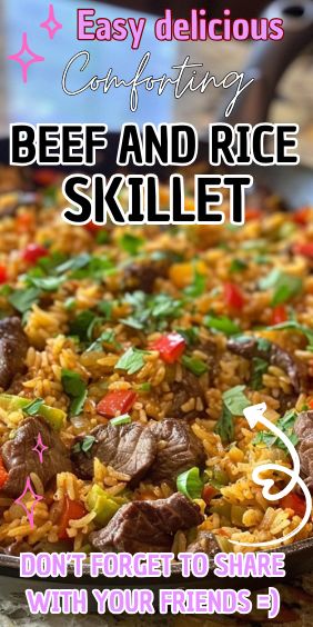 Comforting Beef and Rice Skillet Beef Pepper Rice, Beef And Rice Recipes, Beef And Rice Skillet, Beef Tips And Rice, Rice Skillet Meals, Steak And Rice, Beef Fajitas, Rice Skillet, Potted Beef