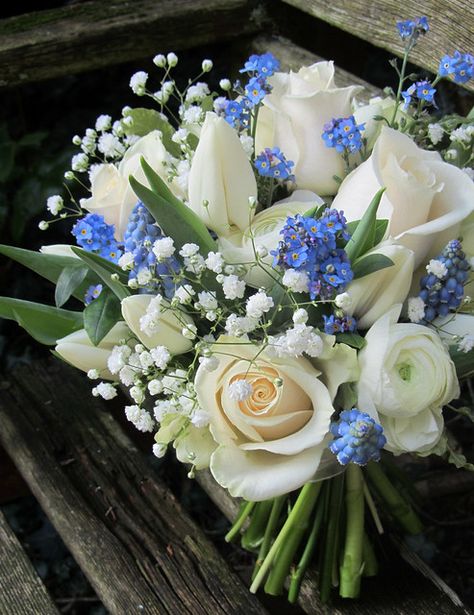 Wedding bouquets | Forget me nots and muscari in Spring wedd… | Flickr Prom Flowers Bouquet, Prom Bouquet, Blue Flowers Bouquet, Tulip Wedding, Blue Wedding Bouquet, Prom Inspo, Wedding Bouquets Bride, Kent Wedding, Bridal Bouquet Flowers