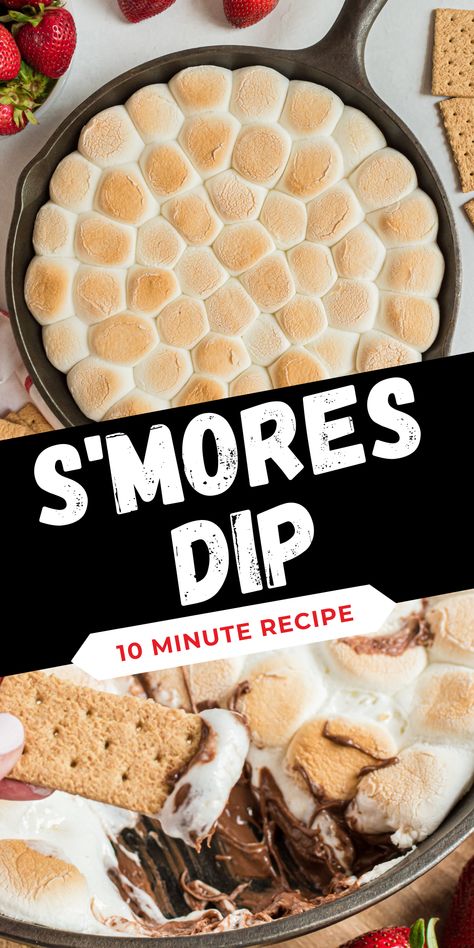 cast iron skillet with browned marshmallows, bottom photo has melted chocolate and marshmallows in skillet Dessert Dip Recipes, Smore Recipes, Easy Sweets, Sweet Dips, Slow Cooker Desserts, Recipes For, Dip Recipes Easy, Lake Food Ideas Summer, Food Ideas Summer