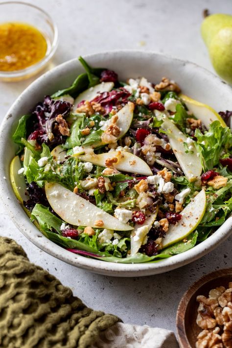 Pear Salad {with Walnuts & Feta} – WellPlated.com Pear Walnut Salad, Pine Nuts Salad, Salad With Walnuts, Apple Cider Vinaigrette, Pear Salad Recipes, Baked Pork Tenderloin, Apple Walnut Salad, Well Plated, Feta Salad Recipe