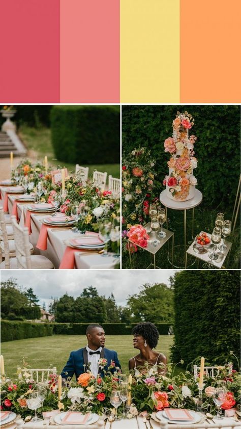 Desire Pink, Embarrassment Pink, Spring Yellow, and Bittersweet Orange Wedding Color Palette | Images by Shelby Ellis Photography Yellow Orange Pink Wedding Palette, Bright And Bold Color Palette Wedding, Pink Yellow Orange Wedding Colors, Wedding Colours 2023 Summer, Summer Party Color Scheme, Citrus Wedding Color Palette, Unique Wedding Color Schemes Summer, Sunset Color Palette Wedding, Bright Wedding Color Schemes