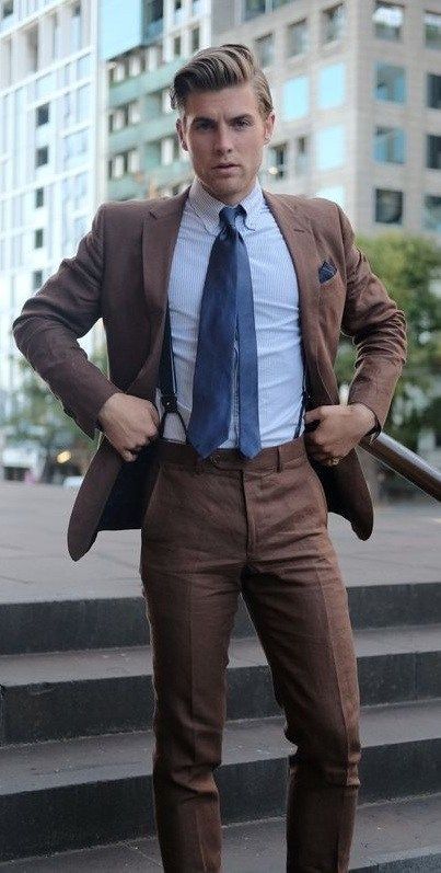 Brown Tux, Brown Suits For Men, Masculinity Quotes, Suit For Men Wedding, Light Blue Suit, Quotes Empowering, Suit Combinations, Blazer Outfits Men, Mens Wedding Attire