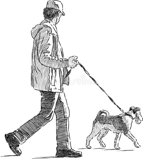 Man With The His Dog Stock Vector - Image: 45658875 Man And Dog Drawing, Line Art Drawings Dog, Walk Illustration, Human Sketch, Human Figure Sketches, Nature Art Drawings, Sketches Of People, Human Figure Drawing, Man Illustration