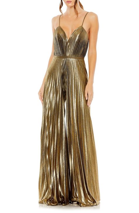 Metallic Draped Asymmetric Sheath … curated on LTK Jumpsuit For Wedding Guest, Pleated Jumpsuit, Formal Jumpsuit, Mac Duggal, Jumpsuit Fashion, Sleeveless Jumpsuits, Gold Dress, Wide Leg Jumpsuit, Evening Wear