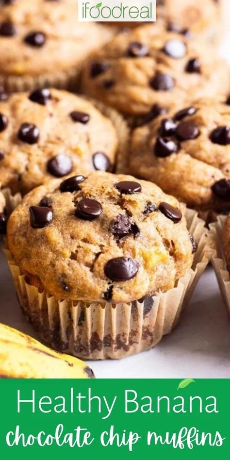 Healthy Banana Chocolate Chip Muffins, Banana Chocolate Chip Muffins Healthy, Banana Choc Chip Muffins, Healthy Chocolate Chip Muffins, Banana Protein Muffins, Choc Chip Muffins, Healthy Banana Muffins, Chocolate Banana Muffins, Banana Muffin Recipe