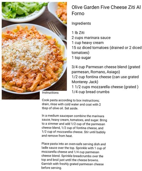 Five Cheese Ziti Olive Garden, Five Cheese Pasta, Five Cheese Marinara, 5 Cheese Ziti, Chicken Dinner Recipes For Two, Recipe Diary, Cheese Ziti, Five Cheese Ziti, Baked Ziti Recipe