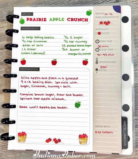 Indiana Inker: Happy Planning - Recipe - Prairie Apple Crunch, Happy Planner Happy Planner Recipe Printable, Happy Planner Recipe, Recipes Binder, Apple Crunch, Recipe Printable, Recipe Planner, Daily Planning, Recipe Binder, Recipe Books