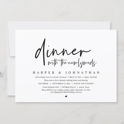 Dinner with the Newlyweds, Wedding Elopement Party Invitation Zazzle Wedding Dinner Party Invitations, Elopement Dinner Invitation, Elopement Celebration Invitations, Microwedding Invitation, Wedding Dinner Invitation Card, Elopement Dinner Party, Elopement After Party Ideas, Intimate Wedding Invitations, Elopement Reception Invitations