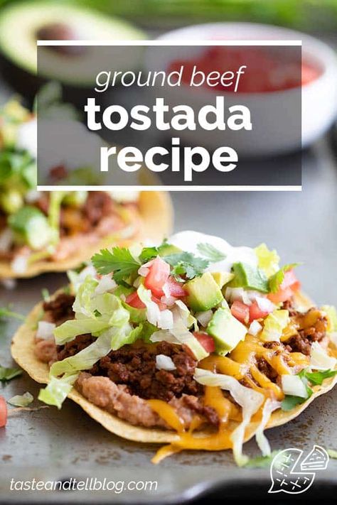 A staple recipe at our house, these Beef Tostadas have tostada shells that are topped with refried beans, a spiced ground beef mixture, and all of our favorite toppings. This is a great weeknight dinner that can be done in 30 minutes. #recipe #tostada #mexicanfood #groundbeef Beef Tostadas, Tostada Shells, Cheesecake Strawberries, Tostadas Recipe, Tostada Recipes, Baked Cheesecake, Cookies Bars, Strawberry Sauce, Refried Beans