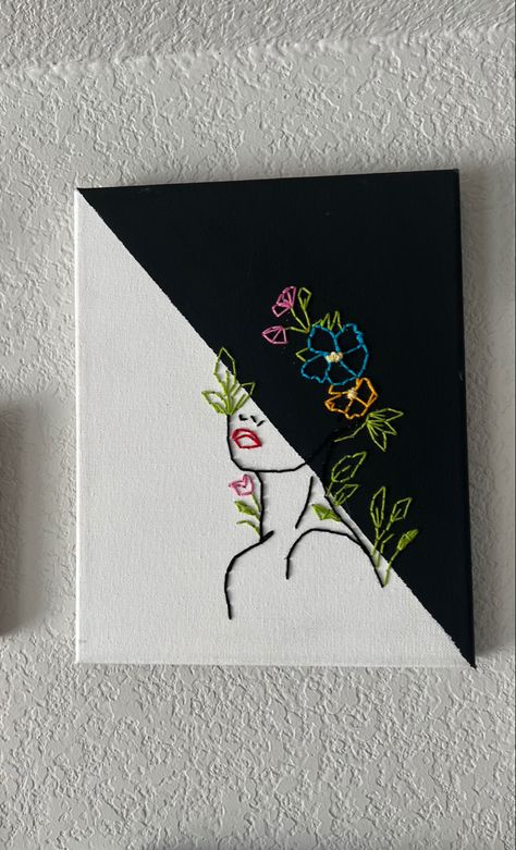 Embroidery Thread Canvas Art, Painting With Thread Hand Embroidery, Paint And Sew Canvas, Canvas Stitching Art Ideas, Sewing Canvas Art Ideas, Embroidery Line Art Canvas, Canvas Art Embroidery, Needle And Thread Canvas Art, Threaded Canvas Art