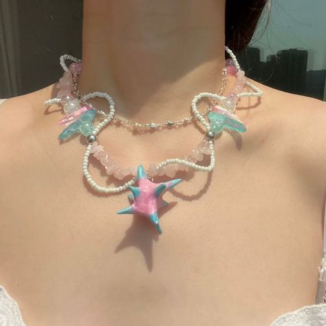 Handmade and unique Original Design ☀If you have any questions, you can contact me at any time. 👍 Cute Handmade Jewelry, Fairycore Princess, Fun Necklaces, Character Jewelry, Star Accessories, Pink Jewellery, Pink Beaded Necklace, Diy Kandi Bracelets, Jewelry Star