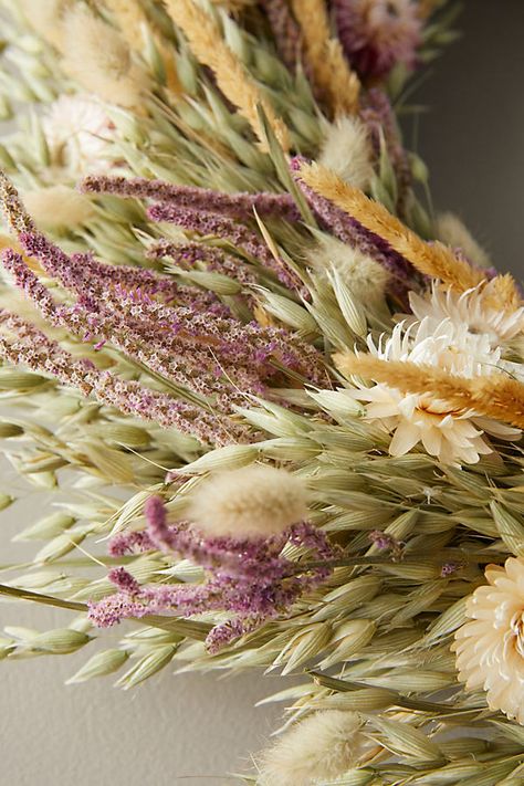 Stems of dried and preserved oats, grass, bunny tails, and strawflower make up this full, natural wreath. | Meadow + Bloom Wreath by Terrain, Size: 22" at Anthropologie Dried Floral Wreaths, Grass Wreath, Dried Wreath, Fall Leaf Wreaths, Boho Wreath, Grass Decor, Natural Wreath, Bunny Tails, Bunny Tail