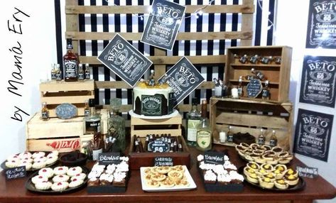 JACK DANIELS 60Th OLD | CatchMyParty.com Jack Daniels Birthday Theme, Jack Daniels Themed Birthday Party, Jack Daniels Party Theme, Whiskey Birthday Party Ideas, Whiskey Themed Birthday Party, Whisky Party, Jack Daniels Party, Jack Daniels Birthday, Whiskey Party