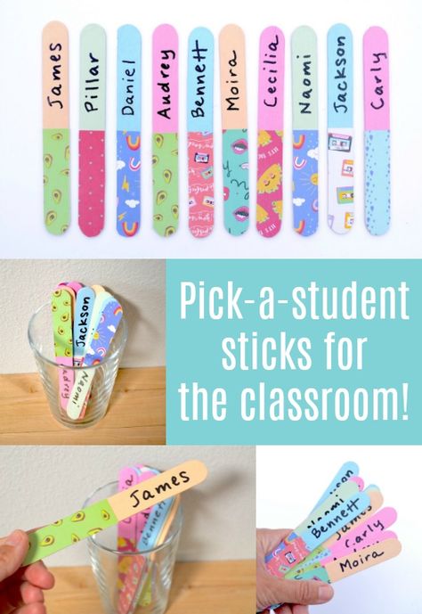 Teachers can use these pick a student sticks to call on students in class or distribute classroom chores fairly! So easy and cheap to make. Flip when you call on a student to the patterned side; once they are all flipped, start over! Teacher Popsicle Sticks Names, Calling Sticks For Classroom, Popsicle Sticks Classroom Management, Teacher Popsicle Sticks, Pick Sticks Classroom, Equity Sticks Ideas, Name Popsicle Sticks Classroom, Classroom Name Sticks, Flip Sticks Classroom