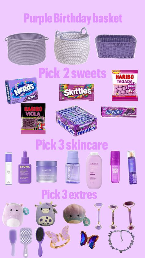 Birthday Box Ideas For Best Friend Purple, Purple Gift Box Ideas For Best Friend, Sweet 16 Gift Basket Ideas 16th Birthday, Light Purple Gift Basket Ideas, Purple Birthday Gift Baskets, Purple Gift Basket Ideas Birthday, Purple Gift Box Ideas Birthday, Purple Gift Basket Ideas, Purple Gift Box Ideas