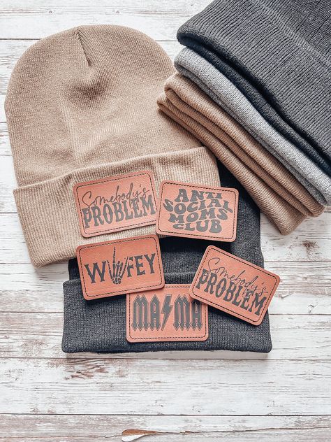 Soft and Cozy Beanies! *Leather patches *Available beanie colors are- black, grey, and khaki MINI Toddler/kids beanies are available only in black! ❤️ *Custom orders can be made, just DM me before purchasing! Beanies With Leather Patch, Hat Leather Patch, Beanie Patch Ideas, Leather Glowforge Projects, Laser Wood Projects Gift Ideas, Laser Engraved Leather Hat Patches, Funny Hat Patches, Leather Patch Beanie, Leather Patches On Hats